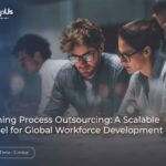 Three professionals collaborate at a desk in a blue-tinted office; article title reads 'Training Process Outsourcing: A Scalable Model for Global Workforce Development'.