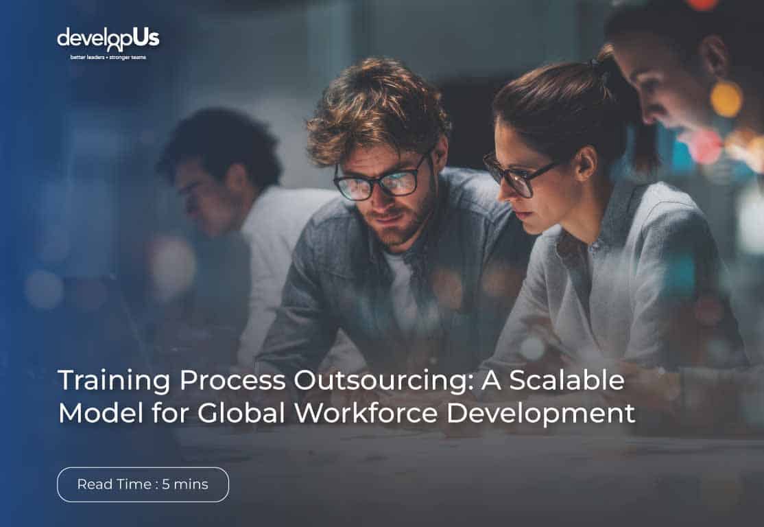 Three professionals collaborate at a desk in a blue-tinted office; article title reads 'Training Process Outsourcing: A Scalable Model for Global Workforce Development'.