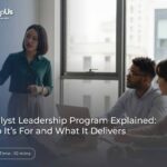 Hero image of a woman presenting to a small group in a bright office with a blue overlay and the developUs logo; title reads 'Catalyst Leadership Program Explained: Who It’s For and What It Delivers'